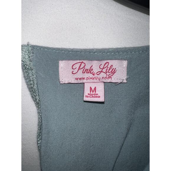 Pink Lily Romper Womens Medium Green Striped Gauze Short Sleeve Tie Waist Ruffle - Picture 3 of 6